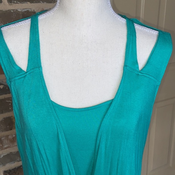 NY & Co Teal Hidden Knot Draped Wrap Top Dance Workout Knit Cutout Shoulders - Picture 5 of 11